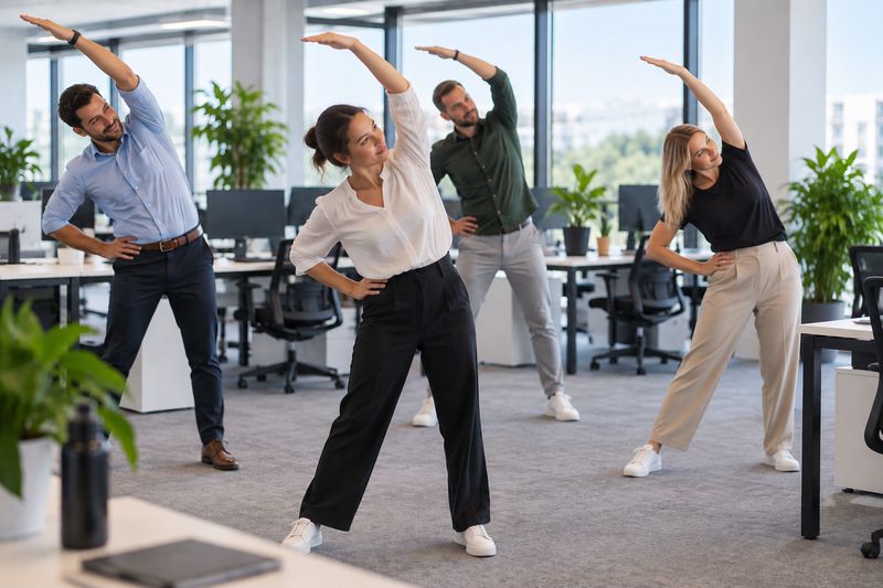 Vier Mitarbeitende dehnen sich gemeinsam im Büro während einer bewegten Pause