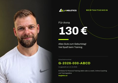 Wertgutschein im Motiv mit Foto: links ein Porträt von Robert Lang, rechts Betrag, Name und Gruß