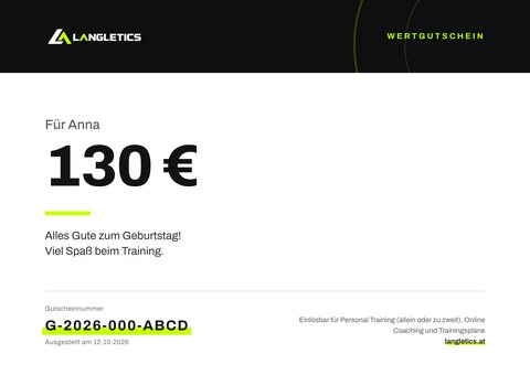 Wertgutschein im Motiv Hell: weiße Karte mit dunklem Kopfband, Betrag, Name und Gruß
