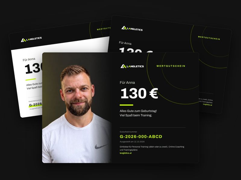 Drei Wertgutscheine von Langletics in den Motiven Hell, Dunkel und Mit Foto, vorne der Gutschein mit Porträt von Robert Lang über 130&nbsp;€