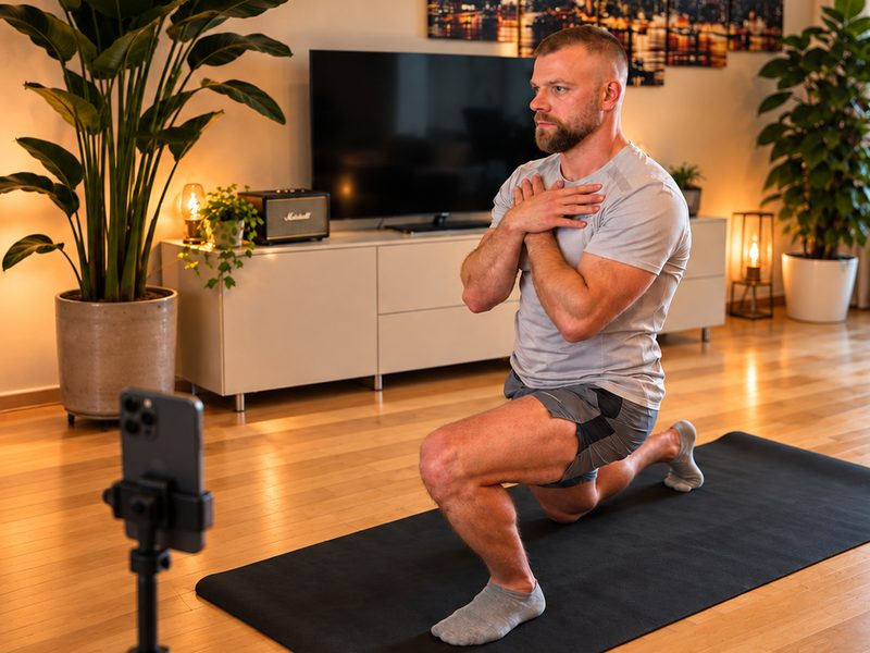 Robert Lang im Ausfallschritt im Wohnzimmer, ein Smartphone auf einem Stativ filmt die Übung