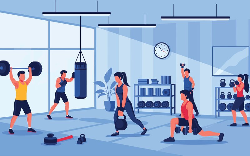 Illustration: Training mit Langhantel, Kettlebells und Kurzhanteln in einem Fitnessstudio