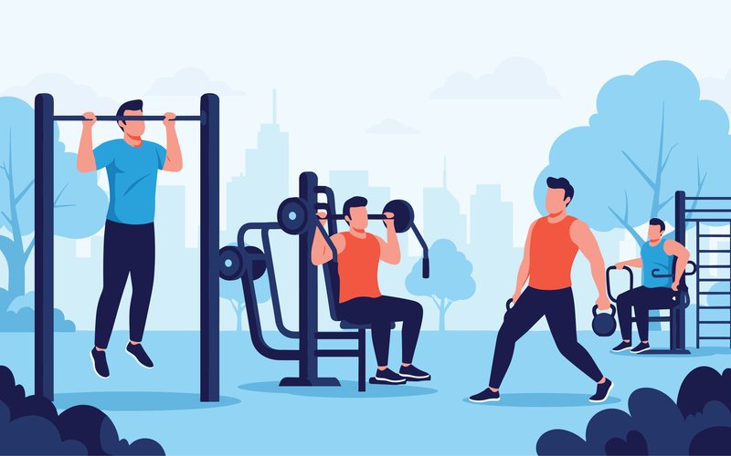 Illustration: Training an Klimmzugstange und Geräten in einem Trainingspark im Freien